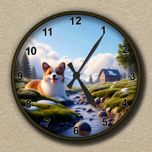 Anpassade Cute Corgi Scenia Background Rund Klocka