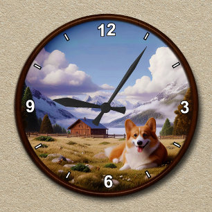 Anpassade Cute Corgi Scenia Background Rund Klocka