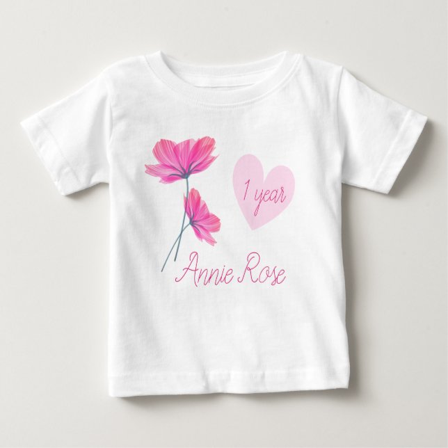 Anpassade Cute & Girly Flowers 1 års födelsedag T Shirt (Framsida)