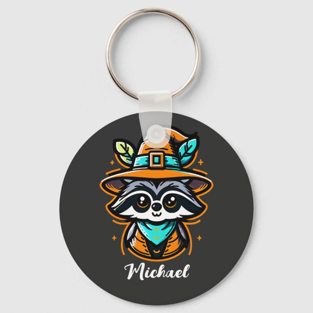 Anpassade Cute Halloween Raccoon Nyckelring (Framsida)