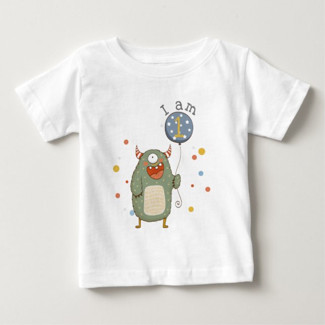 Anpassade Cute Monster med Balloon Birthday T Shirt (Framsida)