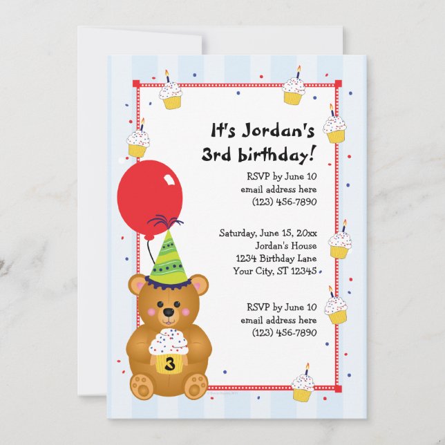 Anpassade Cute Nalle Birthday-inbjudan Inbjudningar (Framsida)
