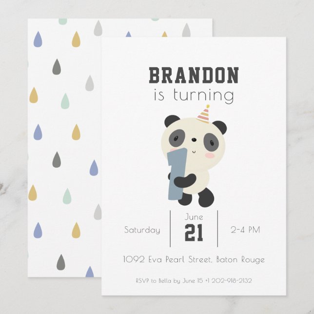 Anpassade Cute Panda Första födelsedag Inbjudningar (Fram/baksida)