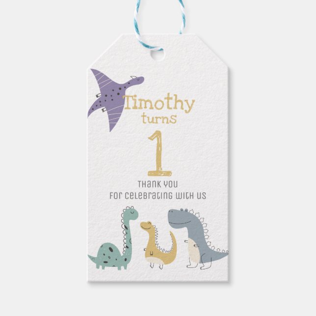 Anpassade Cute Pastel Dinosaurs Birthday Presentetikett (Framsidan)