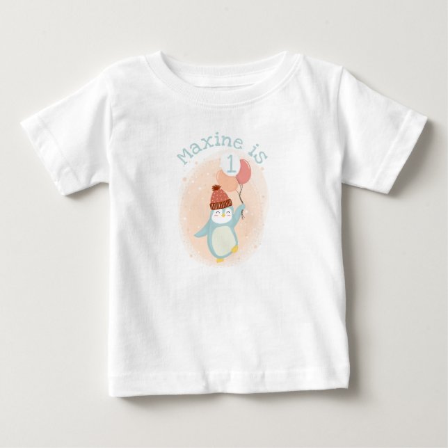 Anpassade Cute Pastel Penguin med ballonger T Shirt (Framsida)