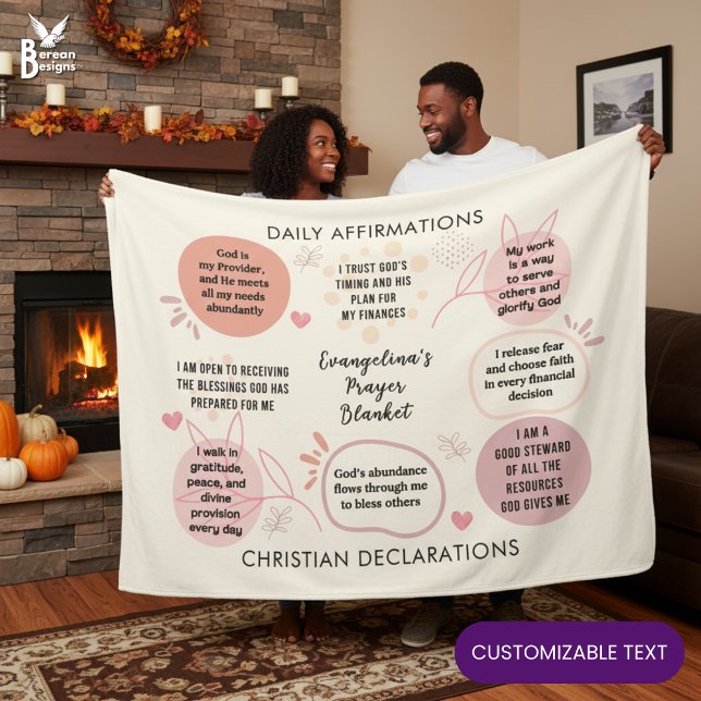 Anpassade dagliga bekräftelser Kristna bibelverser Fleecefilt (Personalized Daily affirmations Christian blanket with customizable text.)