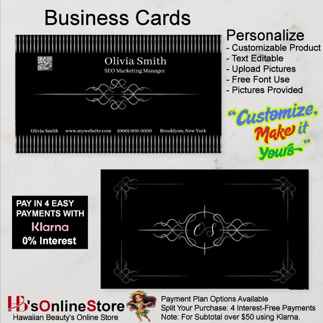 Anpassade Editable Elegant Black 2 Visitkort (Customizable Editable Elegant Black Business Card 2.)
