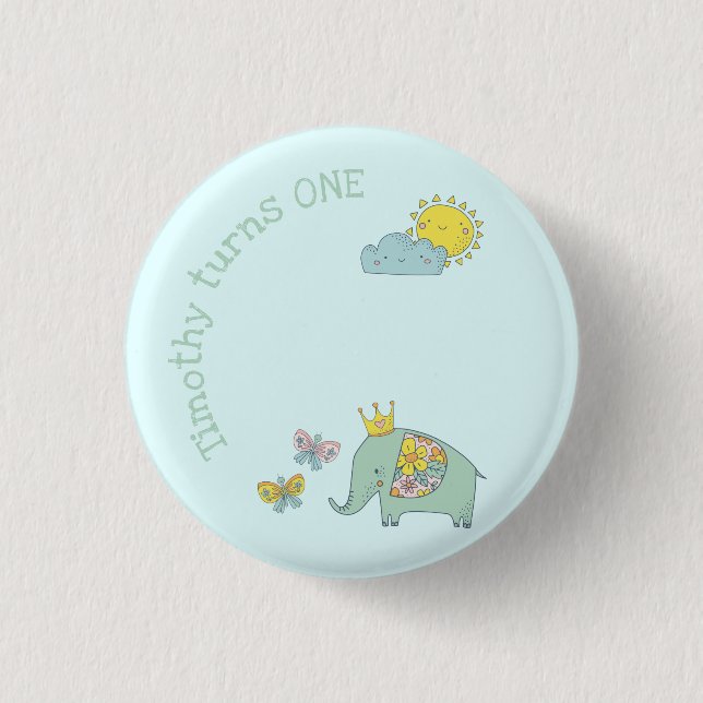 Anpassade Elephant and Butterflies Birthday Knapp (Framsida)