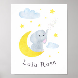 Anpassade Elephant Måne Stars Nursery Wall Art Poster