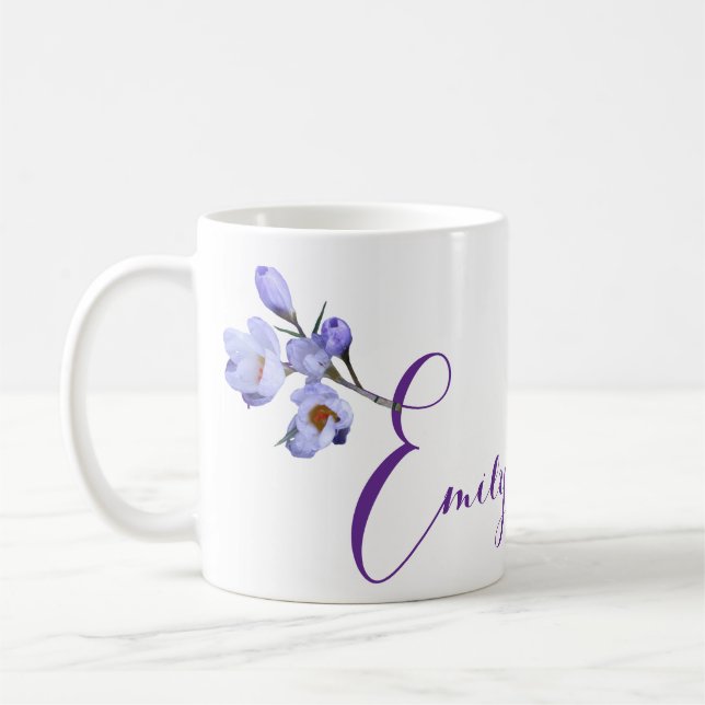 Anpassade Emily namn söt blue crocus blommigt Kaffemugg (Vänster)