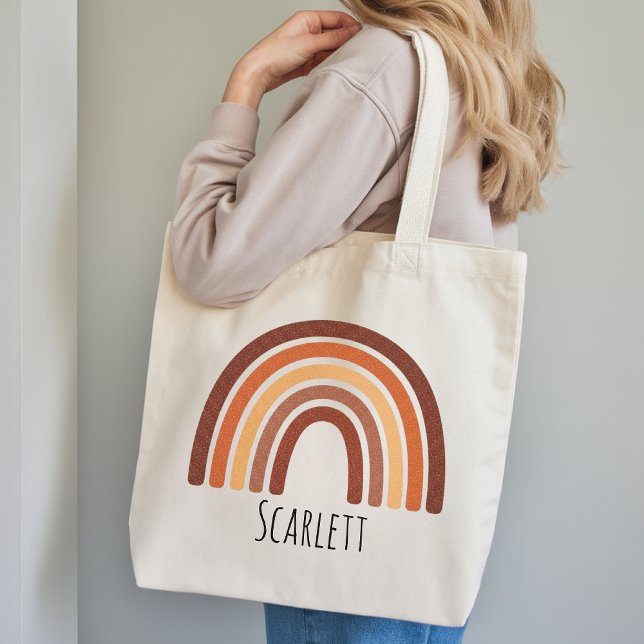 Anpassade flickor trendiga boho regnbåge seriefigu tygkasse (Cute Cartoon Rainbow Name Tote Bag Gift for Kids, Trendy Boho Kids Tote Bag Custom Gift for Gifts)