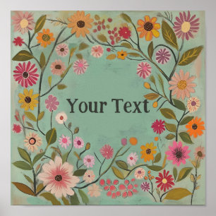 Anpassade Folk Art Flowers Poster i Teal