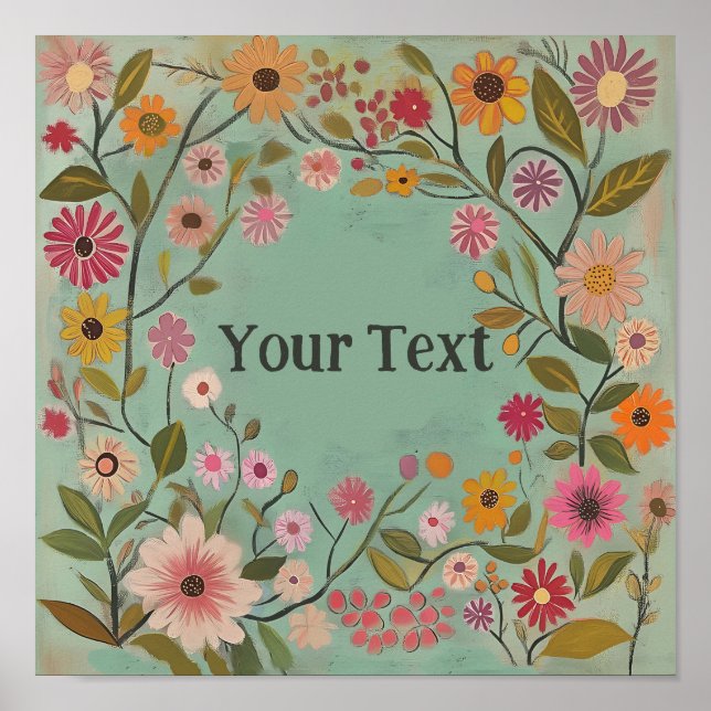 Anpassade Folk Art Flowers Poster i Teal (Framsidan)