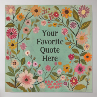 Anpassade Folk Art Flowers Poster i Teal