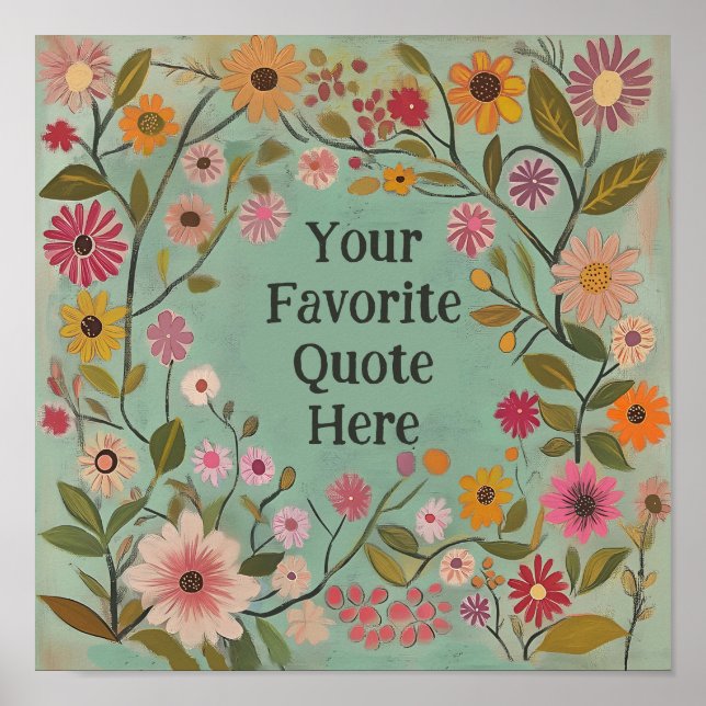 Anpassade Folk Art Flowers Poster i Teal (Framsidan)