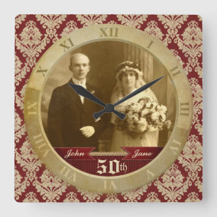 Anpassade Foto Clock Red Damask Roman Numeral Fyrkantig Klocka