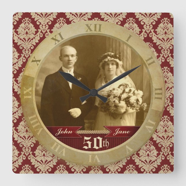 Anpassade Foto Clock Red Damask Roman Numeral Fyrkantig Klocka (Framsida)