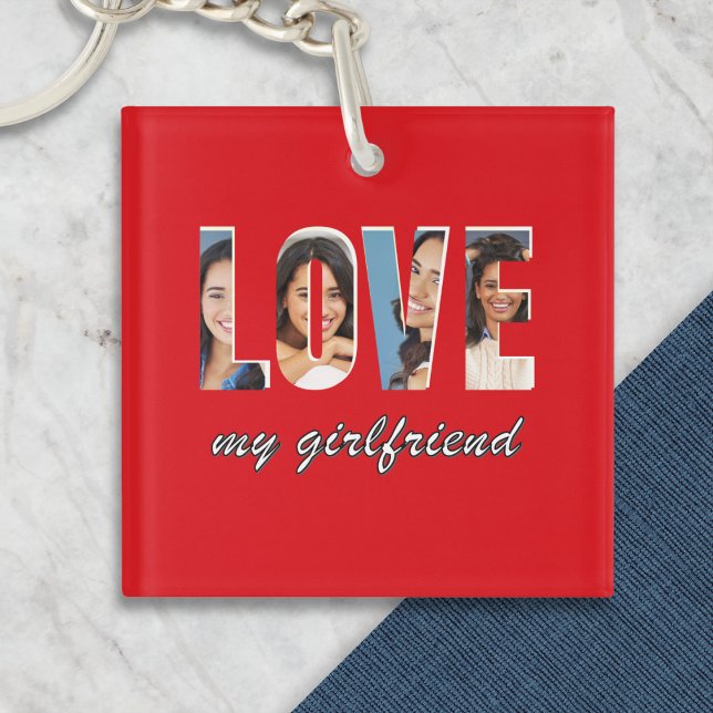 Anpassade foton Älskar min flickvän Stilig röd (A red keyring with the word 'LOVE', with custom photo in each letter, and 'my girlfriend' underneath)
