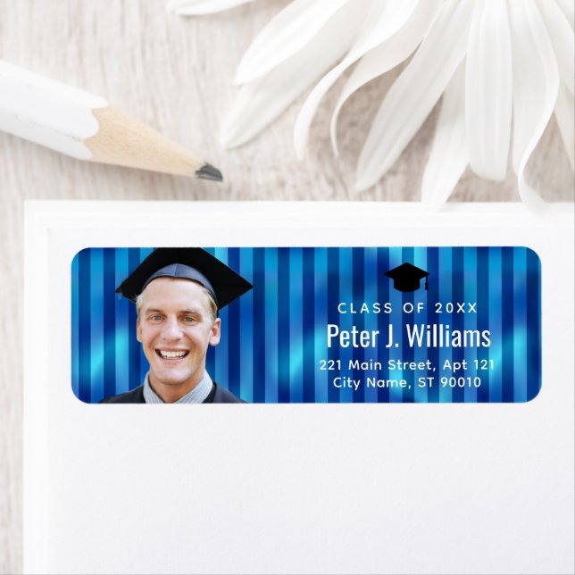 Anpassade foton för examens returadress med blå li etikett (Insitu)