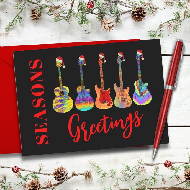 Anpassade gitarrer i tomtelovor - glada höst- och  helg vykort (Cool colorful Christmas guitars wearing Santa hats seasons greetings postcard black and red)