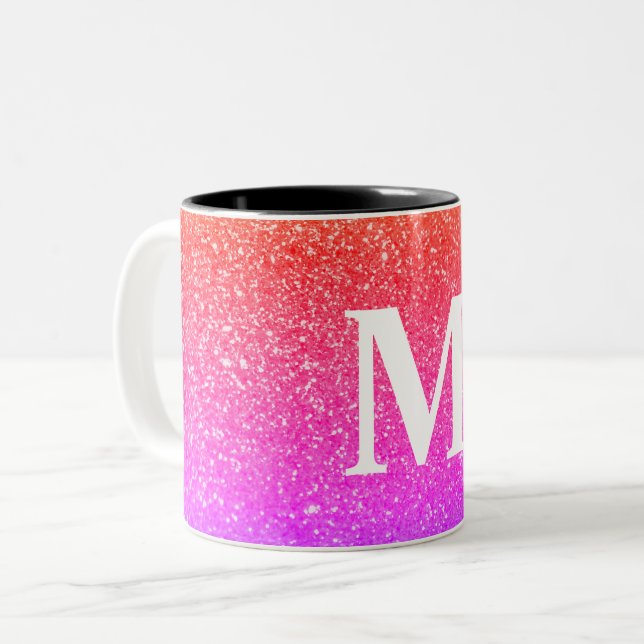 Anpassade Glitter Rosa - bakgrund med Monogram Två-Tonad Mugg (Framsida vänster)
