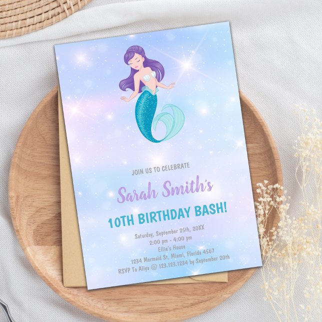 Anpassade Glittery Ocean Party Inbjudan (Purple shine Mermaid Birthday Invitations)