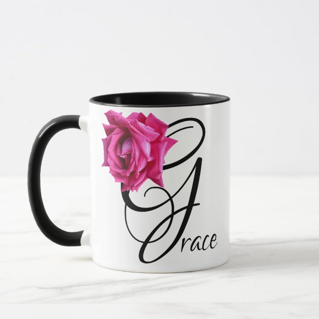 Anpassade Grace namn rosa ros blommigt boho Mugg (Vänster)