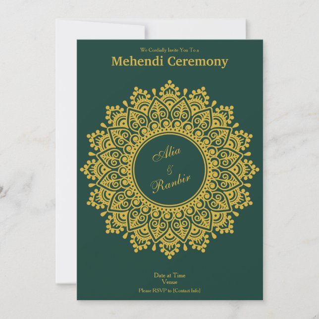 Anpassade Guld Emerald Mehendi Henna Indian Inbjudningar (Framsida)