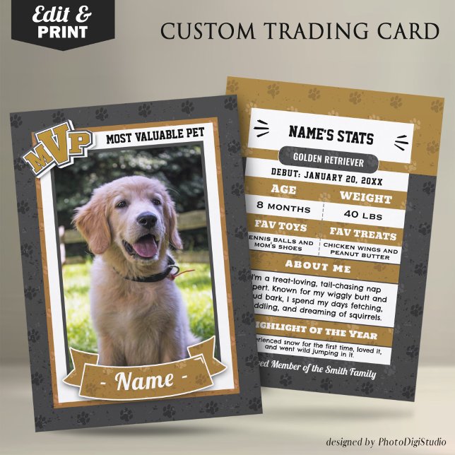 Anpassade hundhandelskort, klassiska MVP-djuraffär (MVP Custom Pet Trading Card, Clasic Gold Card, Therapy Dog Trading Card Template and Print)
