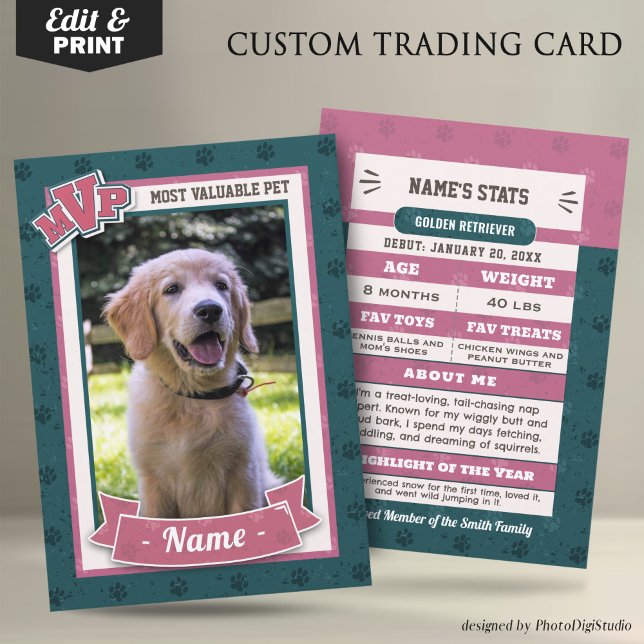 Anpassade hundhandelskort, klassiska MVP-djuraffär (MVP Custom Pet Trading Card, Clasic Pink and teal Card, Therapy Dog Trading Card Template and Print)
