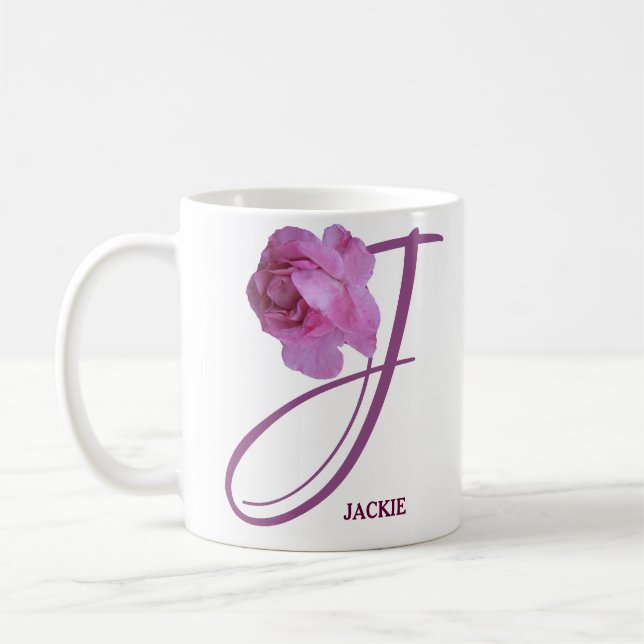 Anpassade Jackie namn söt rosa ros blommigt Kaffemugg (Vänster)