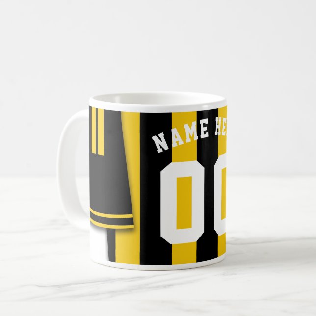 Anpassade Jersey Mugg, Svarta Guld Rand Kaffemugg (Framsida vänster)
