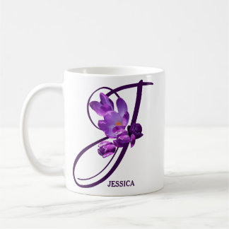 Anpassade Jessica namn lila Crocus blommigt roligt Kaffemugg