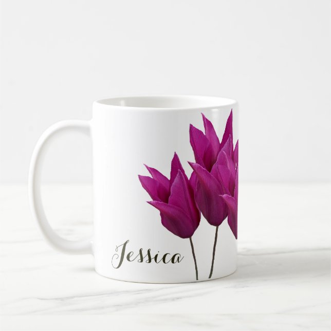 Anpassade Jessica namn söt rosa tulip blommigt Kaffemugg (Vänster)