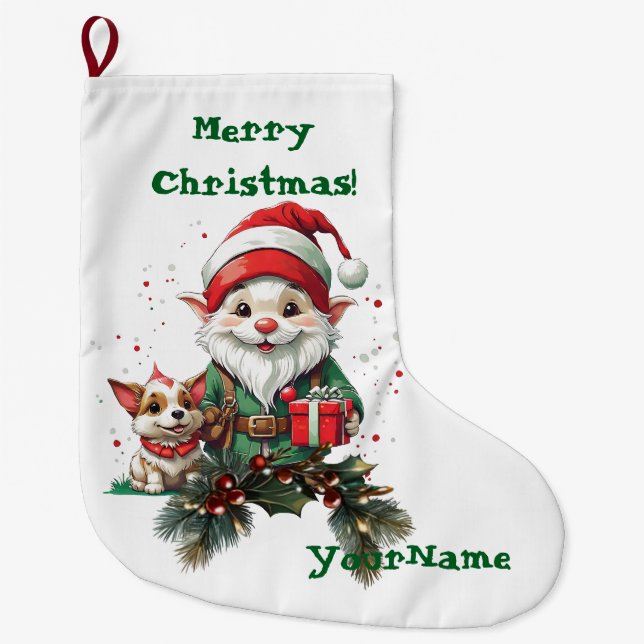 Anpassade Jul Elf och Doggo Stocking Stor Julstrumpa (Framsidan)