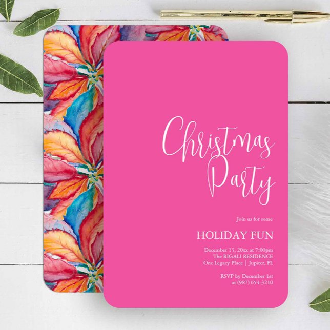Anpassade julfestinbjudningar Fuchsia Rosa Inbjudningar (Pink Christmas party invitation features unique poinsettia watercolor art by Victoria Grigaliunas)