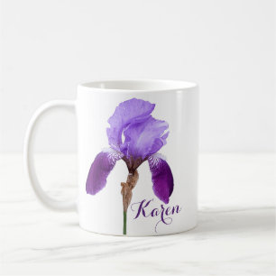 Anpassade Karen Girl namn lila iris blommigt Kaffemugg