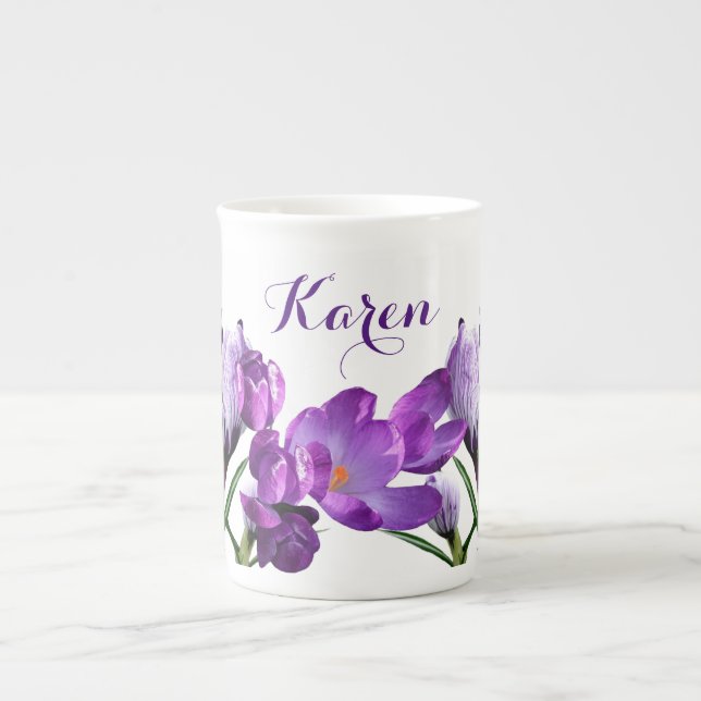 Anpassade Karen namn lila blomboho trendig Benporslin Mugg (Framsidan)