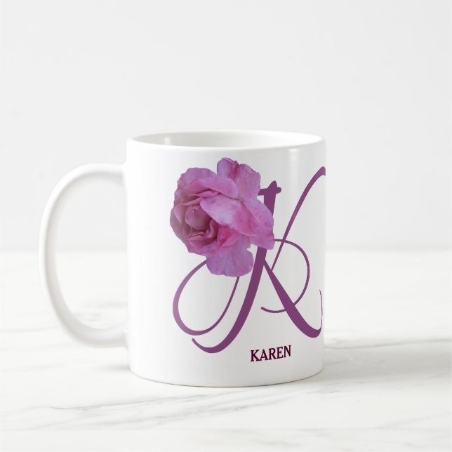 Anpassade Karen namn monogram rosa ros blommigt Kaffemugg (Vänster)