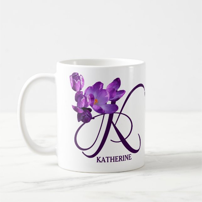 Anpassade Katherine namn lila blommor trendig Kaffemugg (Vänster)