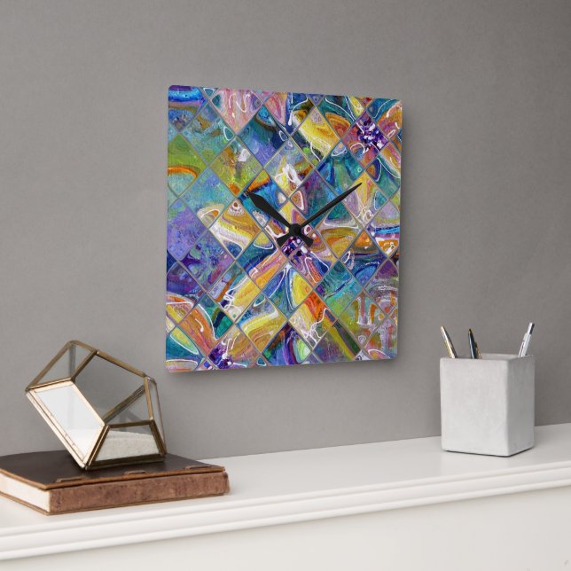 Anpassade-klocka i Fine Art Blommigt Mosaic Fyrkantig Klocka (Kontor)