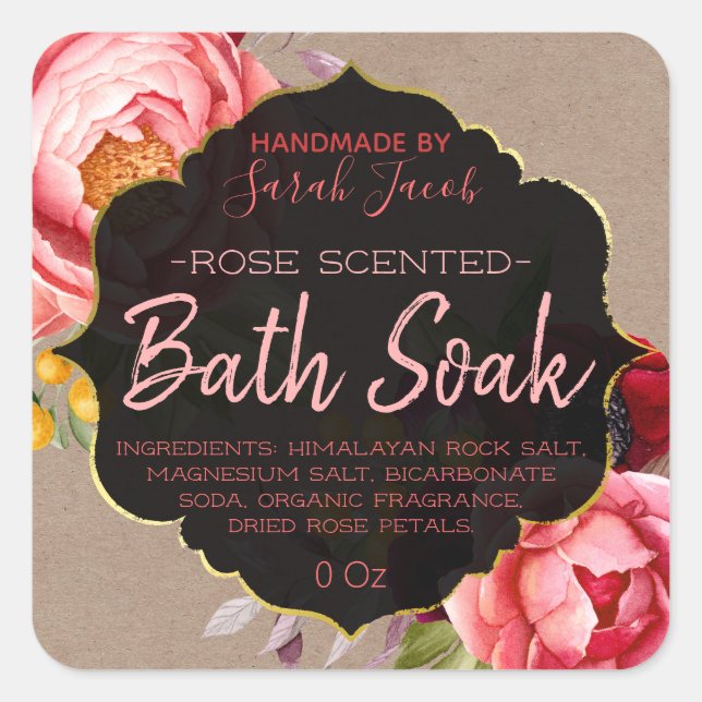 Anpassade Kraft Blommigt Bath Soak-etikett Fyrkantigt Klistermärke (Framsida)