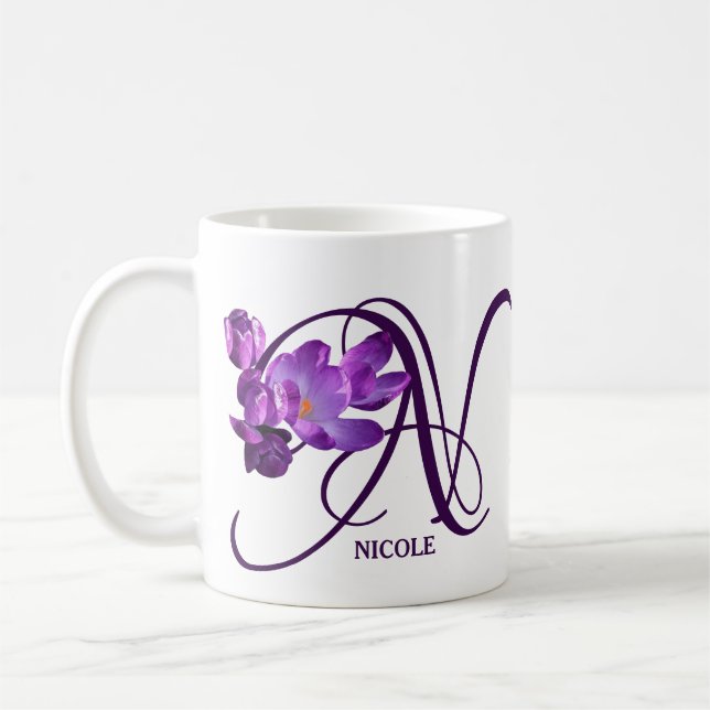 Anpassade lila blommigt Nicole namn monogram Kaffemugg (Vänster)