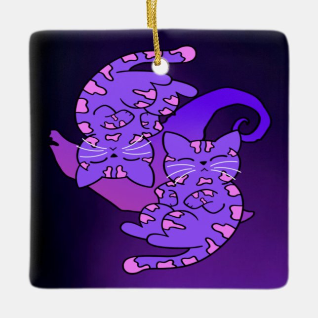 Anpassade Lila Gemini Retro Neon Kittens Julgransprydnad Keramik (Framsida)
