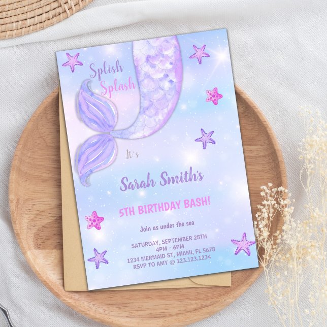 Anpassade Lila Star Sjöjungfru Birthday Inbjudningar (Purple Star Mermaid Birthday Invitations)