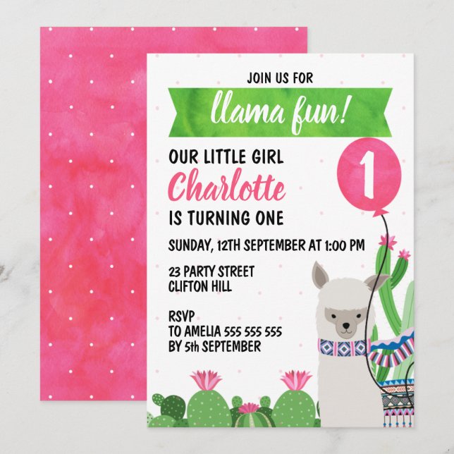 Anpassade Llama Balloon Birthday-inbjudan Inbjudningar (Fram/baksida)