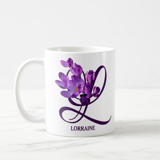 Anpassade Lorraine namn söt lila crocus Kaffemugg (Vänster)