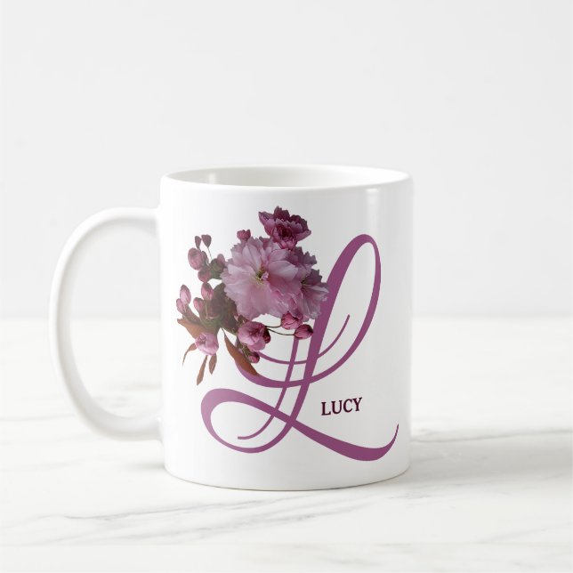 Anpassade Lucy namn rosa ros-blommor trendig Kaffemugg (Vänster)