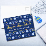 Anpassade Lycklig Hanukkah Blue Mönster Helgdag Vykort<br><div class="desc">Vacker personlig Lycklig Hanukkah-vykort i söt blå med coola mönster av judenisstjärnan,  drömidel för roligt Chanukah-spel och den judiska menorah för helgdag. Anpassa de här vykorten för helgdag till din familj namn.</div>