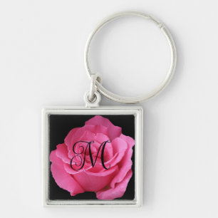 Anpassade M monogram söt rosa ros snyggt Fyrkantig Silverfärgad Nyckelring